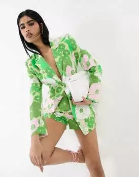 Льняной пиджак узкого кроя ASOS с цветочным принтом в стиле ретро и завязкой сзади