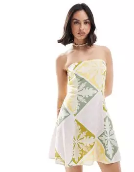 Льняной сарафан-бандо мини с плиточным принтом ASOS DESIGN