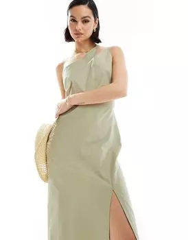 Льняной сарафан миди на одно плечо с разрезными бретелями ASOS DESIGN шалфейно-зеленого цвета