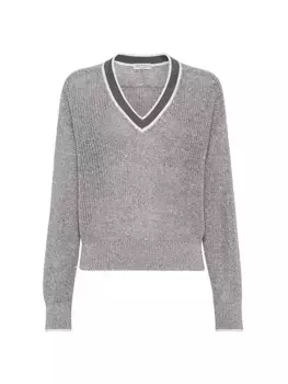 Льняной свитер в рубчик Dazzling Active с английским узором Brunello Cucinelli, серый