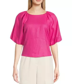 Льняной топ DKNY с короткими рукавами-фонариками и круглым вырезом, розовый