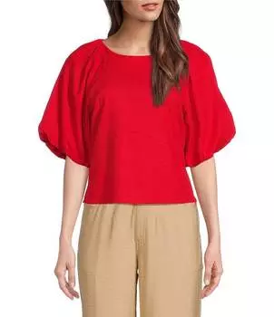 Льняной топ DKNY с короткими рукавами-фонариками и круглым вырезом, оранжевый