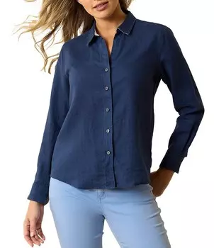 Льняной топ на пуговицах с длинными рукавами и воротником-стойкой Tommy Bahama Coastalina, синий