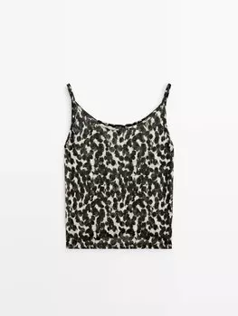 Льняной топ с анималистичным принтом и бретелями Massimo Dutti, черный