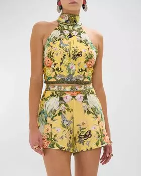 Льняной топ с цветочным принтом и завязкой на спине Camilla, цвет Paths Of Gold