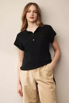 Льняной топ с короткими рукавами и воротником-поло Next, черный