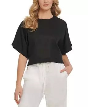 Льняной топ с короткими рукавами и заниженными плечами DKNY, черный