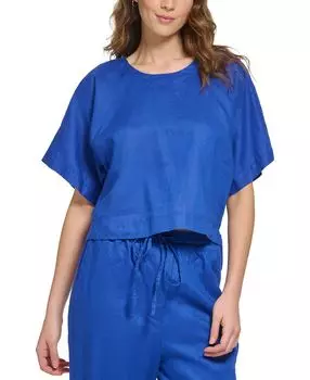 Льняной топ с короткими рукавами и заниженными плечами DKNY, мульти
