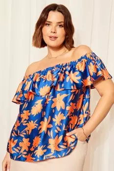 Льняной топ с открытыми плечами Curves Like These, синий