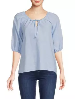 Льняной топ с пышными рукавами и вырезом-капелькой Saks Fifth Avenue, синий