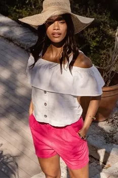 Льняной топ с смесовым узором и вырезом бардо Threadbare, белый