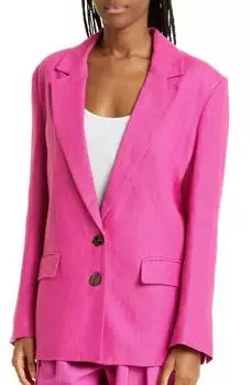 Льняной удлиненный однобортный блейзер на пуговицах розового цвета FARM Rio
