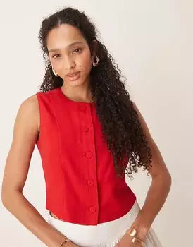 Льняной укороченный топ Abercrombie & Fitch красного цвета с высоким воротом