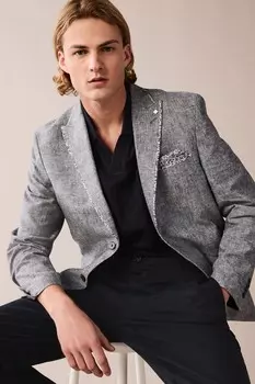 Льняной жакет с декоративной отделкой Next, синий