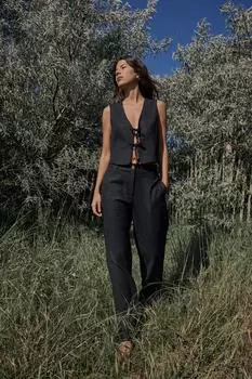 Льняной жилет с завязками из бисера ZARA, черный