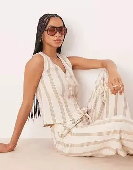 Льняной жилет Vila mix and match в полоску кремового и бежевого цветов