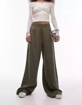 Льняные брюки цвета хаки Topshop с завышенной талией и очень широкими штанинами