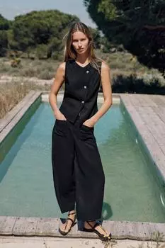 Льняные брюки-кюлоты с поясом ZARA, черный