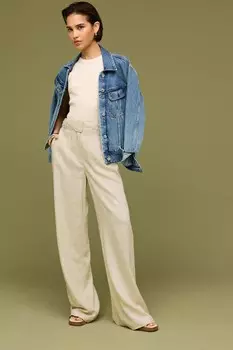 Льняные брюки с поясом и широкими штанинами Next, бежевый