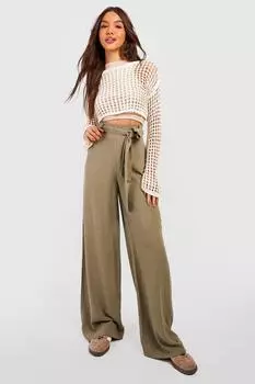 Льняные брюки с супер высокой посадкой и поясом Boohoo, хаки