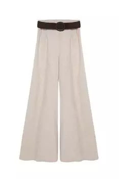 Льняные брюки с завышенной талией и поясом, натуральный цвет QUZU