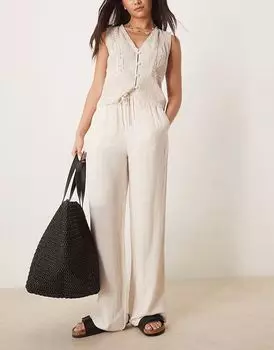 Льняные брюки Selected Femme кремового цвета