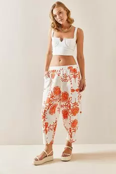 Льняные брюки шальвар с оранжевым узором 3YXK5-47518-11 XHAN