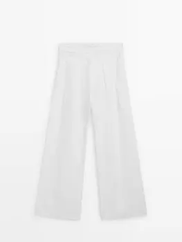 Льняные брюки со складками на талии Massimo Dutti, белый
