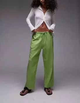 Льняные брюки средней посадки Topshop неудобной длины зеленого цвета