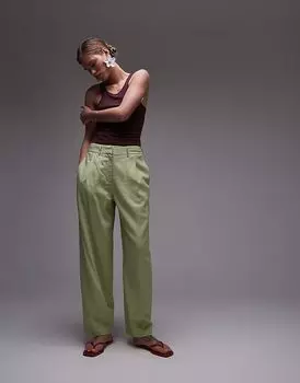 Льняные брюки Topshop овальной формы светло-зеленого цвета