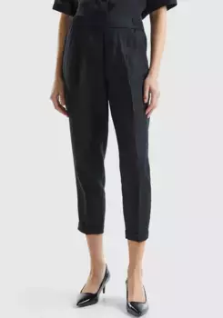 Льняные брюки United Colors of Benetton с эластичным поясом, черный