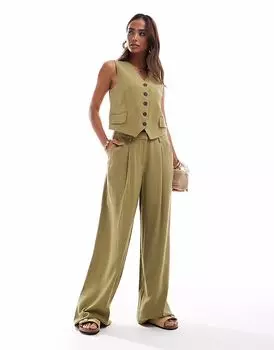 Льняные брюки Vero Moda со складками спереди, оливкового цвета