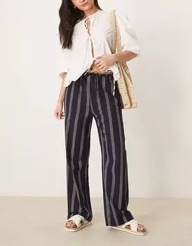 Льняные брюки Vila с завязками на талии, широкие, в темно-синюю полоску