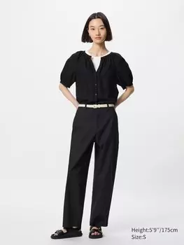 Льняные хлопковые зауженные брюки Uniqlo, цвет 09 черный