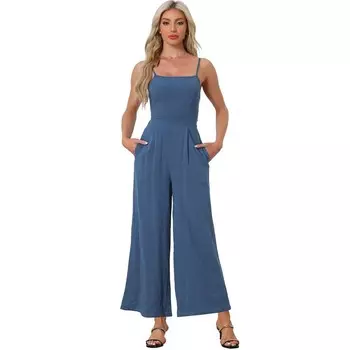 Льняные комбинезоны для женщин. Повседневные комбинезоны без рукавов с широкими штанинами на тонких бретельках. ALLEGRA K, цвет Dark Blue