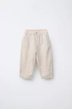 Льняные мешковатые брюки ZARA, светло-бежевый