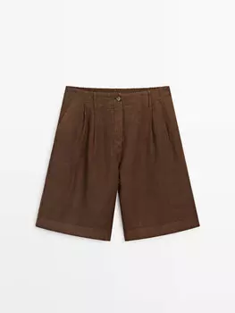 Льняные шорты-бермуды с двойной вытачкой Massimo Dutti, коричневый