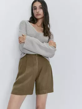 Льняные шорты-бермуды с вытачками Massimo Dutti, хаки