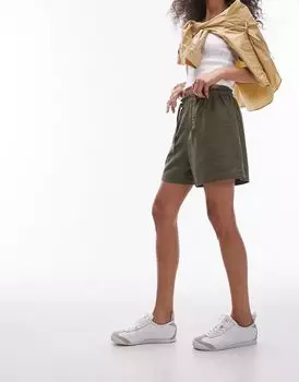 Льняные шорты цвета хаки с завязками спереди Topshop