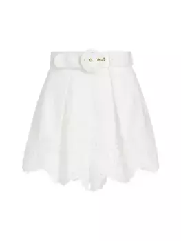 Льняные шорты Junie с поясом и вышивкой Zimmermann, слоновая кость