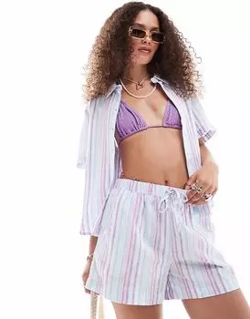 Льняные шорты Monki co-ord с завязкой на талии в разноцветную полоску