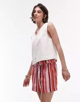 Льняные шорты Topshop с высокой талией и завязками в розовую полоску