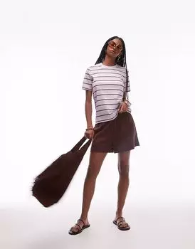 Льняные шорты Topshop с высокой талией и завязками на шнурках шоколадного цвета