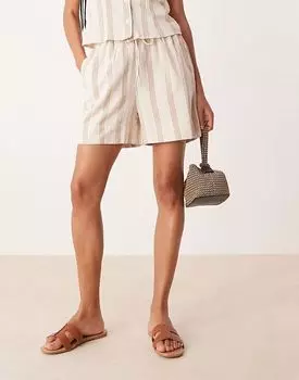 Льняные шорты Vila Mix and Match с завязками на талии в кремово-коричневых полосках