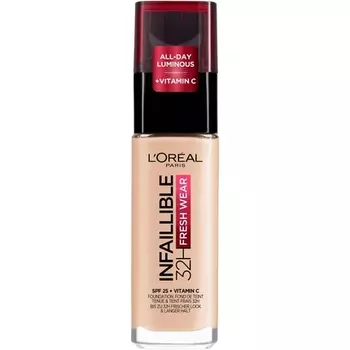 L'Oral Paris Infallible 32H Fresh Wear Foundation Стойкое покрытие с полным покрытием Невесомый гладкий финиш Водостойкий Устойчивый к переносу с витамином C SPF 25 20 Цвет слоновой кости 020 30 мл