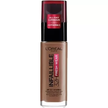 L'Oral Paris Infallible 32H Fresh Wear Foundation Стойкое покрытие с полным покрытием Невесомый гладкий финиш Водостойкий Устойчивый к переносу с витамином С SPF 25 365 Глубокий золотой 30 мл