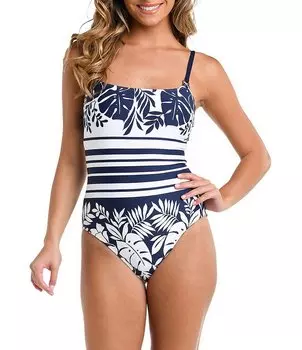 La Blanca Beach Bungalow Сплошной купальник с цветочным принтом и полосками для контроля живота, синий