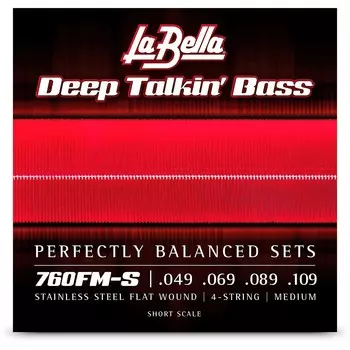 LaBella 760FM-S Deep Talkin' 4-струнные басовые струны с плоской обмоткой из нержавеющей стали — короткая средняя мензура (49–109) La Bella