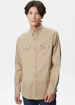 Lacoste мужская рубашка узкого кроя с воротником на пуговицах, бежевая Lacoste