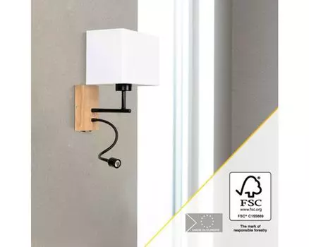Лампа Brilliant, настенный светодиодный светильник Rayan с кронштейном для чтения, промасленный дуб/белый, 1x A60, E27, 25 Вт, подходит для обычных ламп, дерево из устойчивого лесного хозяйства (FSC)